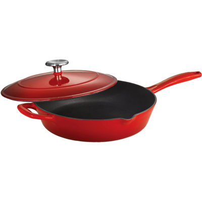 Crock-Pot Artisan 3.5 Quart Deep Enameled Cast Iron Cooking Saute Pan  w/Lid, Red 