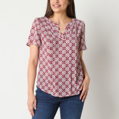 Liz Claiborne Womens Split Crew Neck Short Sleeve Blouse - JCPenney