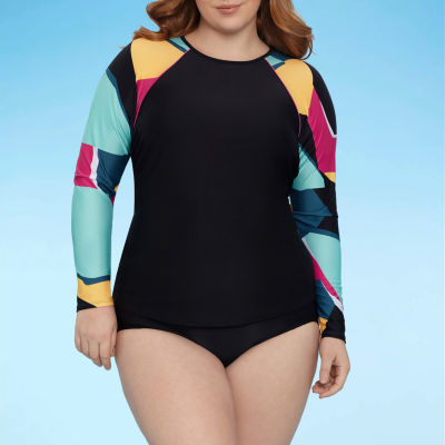 Xersion Plus Rash Guard Top and Swimsuit Bottoms, Color: Black - JCPenney