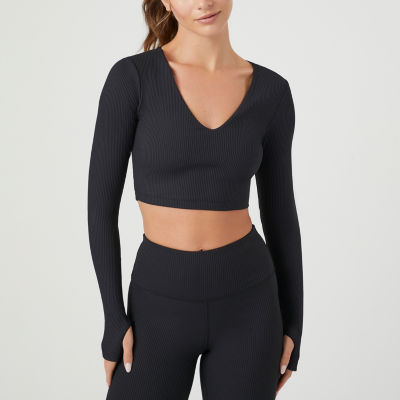 Forever 21 Technical Rib Womens V Neck Long Sleeve Active Crop Top Juniors  - JCPenney