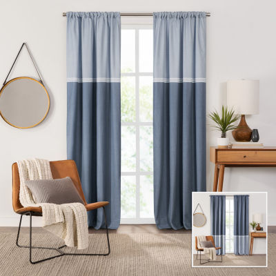 Fieldcrest Devin Flippable Stripe Cotton Chambray Energy Saving 100%  Blackout Rod Pocket Single Curtain Panel