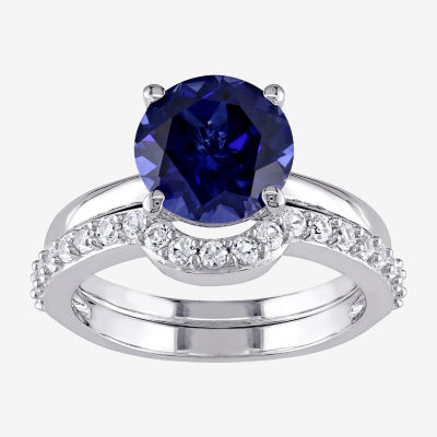 Modern Bride Gemstone Womens Lab Created Blue Sapphire 10K White Gold Round Solitaire Bridal Set