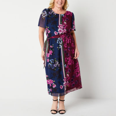 Danny Nicole Plus Short Sleeve Floral Midi Fit Flare Dress