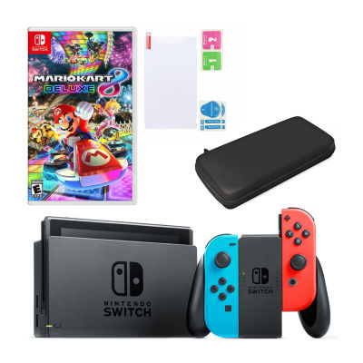 Nintendo switch in neon with mario kart game and on sale accessories