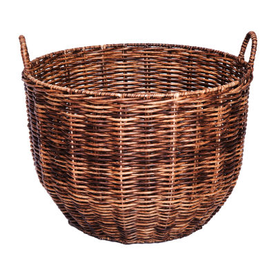 Woven Rattan and Faux Leather Baskets, Set of 2