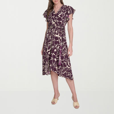 Marc New York Womens Short Sleeve Floral Midi Fit + Flare Dress