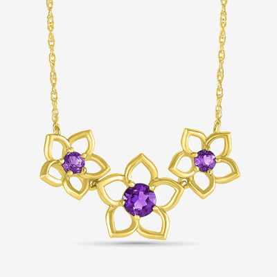 Womens Genuine Purple Amethyst 10K Gold Flower Pendant Necklace