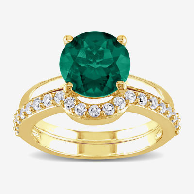 Modern Bride Gemstone Womens Lab Created Green Emerald 10K Gold Round Solitaire Bridal Set