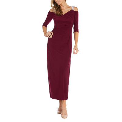 R & M Richards Rhinestone 3/4 Sleeve Evening Gown, Color: Merlot