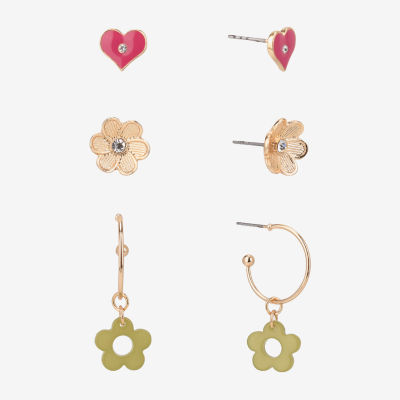 Arizona Gold Tone Stud And Huggie 3 Pair Flower Heart Earring Set, Color:  Gold - JCPenney