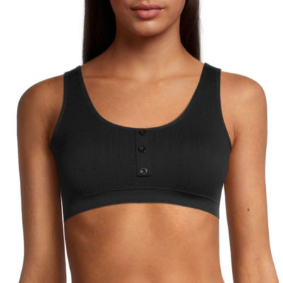 Lucky Brand Women Bra Large Black Ribbed Bralette Henley Sporty