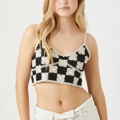 Forever 21 Juniors Checkered Croppped Womens V Neck Sleeveless Tank Top,  Color: Black-white - JCPenney