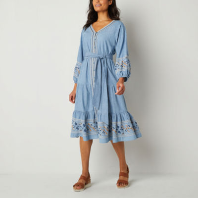 St. John's Bay Long Sleeve Embroidered Peasant Dress, Color: Blue Chambray  - JCPenney