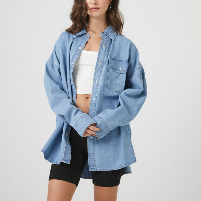 Forever 21 Juniors Denim Womens Long Sleeve Oversized Button-Down Shirt -  JCPenney