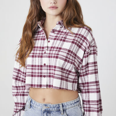 Women Junior CROPPED Flannel Plaid Checks shirt top button down Ci Sono  PTP75