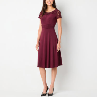 Perceptions Short Lace Sleeve Fit Flare Dress Color Wine JCPenney