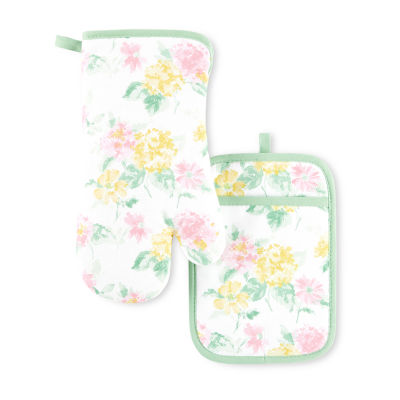 Amber Floral Pink/Yellow Cotton Kitchen Towel Set (2-Pack)