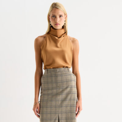 Worthington Womens Sleeveless Mock Neck Top, Color: Tobacco Brown