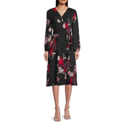 Liz Claiborne Long Sleeve Floral Wrap Dress, Color: Black Floral - JCPenney