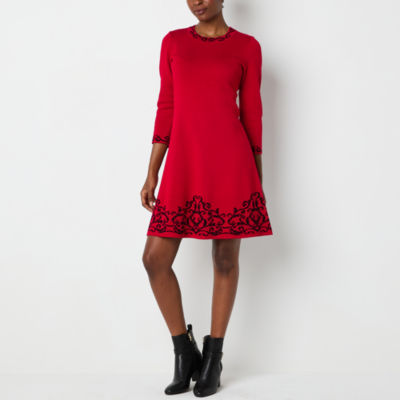 Jessica Howard Womens 3 4 Sleeve Scroll Sweater Dress Color Red Black JCPenney