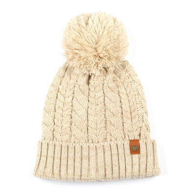 Frye and Co. Cable Knit Womens Pom Pom Beanie | White | One Size | Hats Beanie Pom Poms