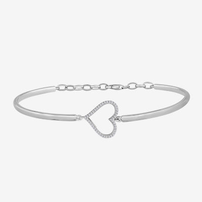 Diamond Heart Bangle Bracelet Sterling Silver