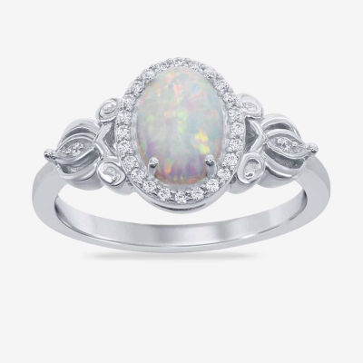 Enchanted Disney Fine Jewelry 1/10 CT. T.W. Diamond & Lab-Created Opal  Sterling Silver Cocktail Ring