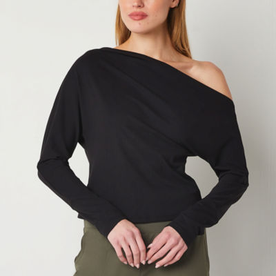 Stylus Womens Asymmetrical Neck Long Sleeve Blouse, Color: Black