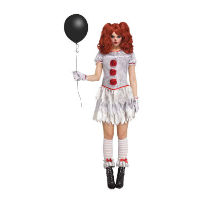Creepy female clown from IT, costume dress, long sleeves, pom pom buttons,  stripes, S to 4XL
