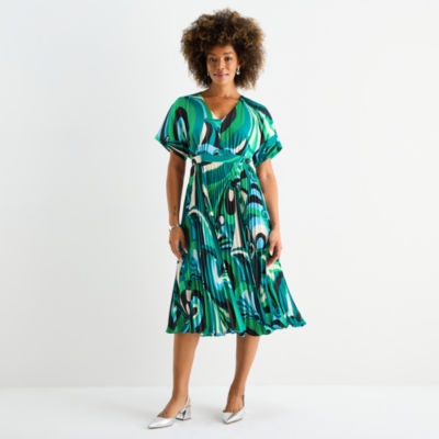 Danny & Nicole Womens Short Sleeve Abstract Midi Fit + Flare Dress