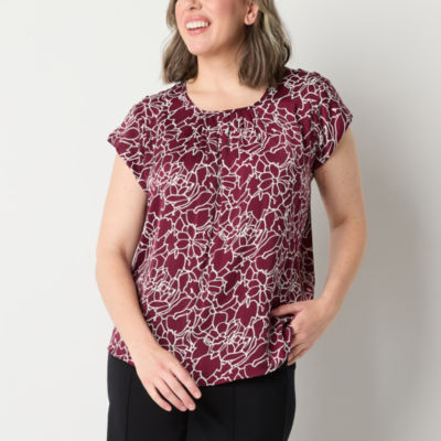 Liz Claiborne Petite Womens Round Neck Short Sleeve Satin Blouse - JCPenney