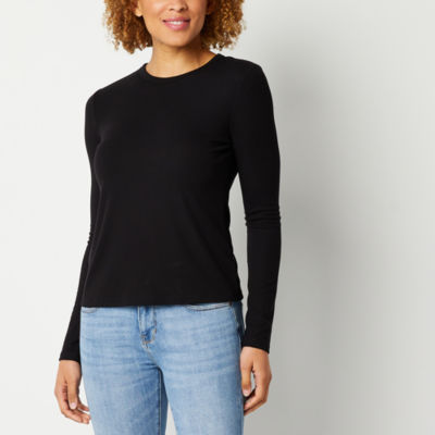 a.n.a Womens Ribbed Crew Neck Long Sleeve T-Shirt, Color: Black - JCPenney