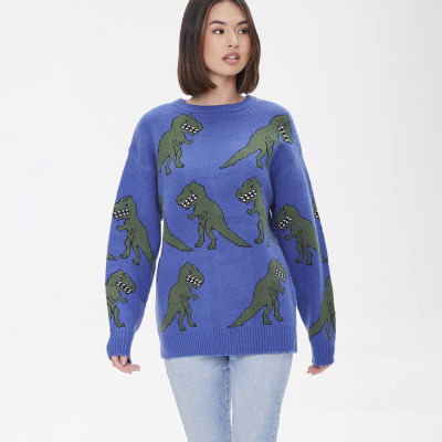 Forever 21 Juniors Dinosaur Intarsia Womens Crew Neck Long Sleeve Animal Pullover  Sweater, Color: Blue-green - JCPenney
