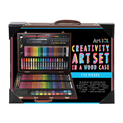 Art 101 Doodle and Color 142 Pc Art Set in a Wood Carrying Case, Includes  24 Premium Colored Pencils, A variety of coloring and painting mediums