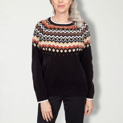 Alfred Dunner Park Place Womens Crew Neck Long Sleeve Chevron Pullover  Sweater, Color: Black Multi - JCPenney