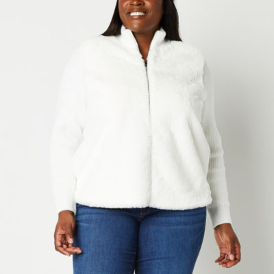 Plus Size Fleece Hooded Denim Jacket - White