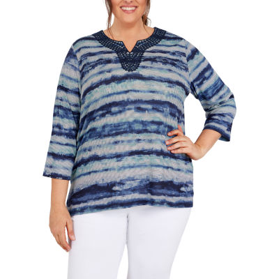 Alfred Lake Placid Womens Plus Y 3/4 Sleeve T-Shirt, Navy Multi - JCPenney
