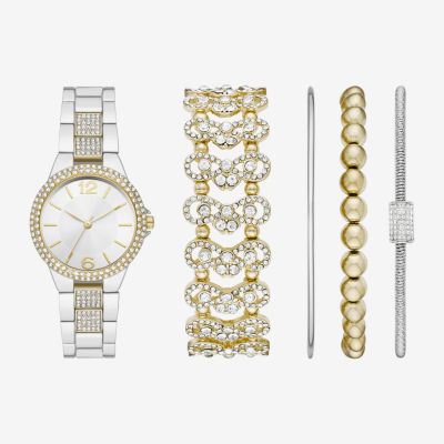 Ladies Boxed Sets Womens Crystal Accent Two Tone 5-pc. Watch