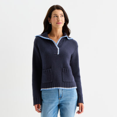 John's Bay Womens Long Sleeve Cable Knit Pullover Sweater
