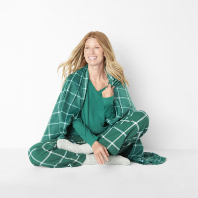 Liz Claiborne Womens V-Neck Long Sleeve 4-pc. Pant Pajama Set, Color:  Evergreen Plaid - JCPenney