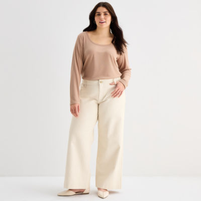 a.n.a Womens Plus High Rise Coated Wide Leg Jean, Color: Ivory