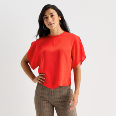 Worthington Womens Crew Neck Short Sleeve Satin Blouse - JCPenney