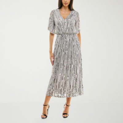 Premier Amour Metallic Womens Elbow Sleeve Fit Flare Dress Color Grey Silver JCPenney