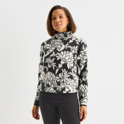 Liz Claiborne Womens Funnel Neck Long Sleeve Floral Pullover