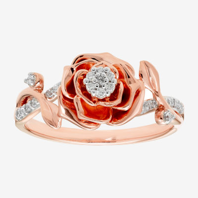 Enchanted Disney Fine Jewelry Womens 1/10 CT. T.W. Mined White Diamond 10K  Rose Gold Flower Beauty and the Beast Belle Princess Cocktail Ring