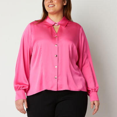 Red Collared Shirt, Plus Size Blouse for Women, Buttoned Shirt