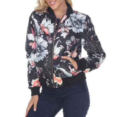 Women's Plus Size Floral Bomber Jacket Black 1X - White Mark