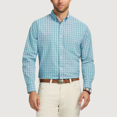 Izod Men's Performance Comfort Long Sleeve Gingham Button-Down Shirt - Stretch Cotton, Wrinkle-Free, Regular Fit