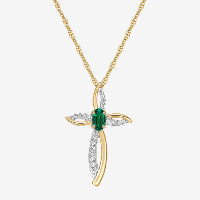 Womens 1 10 CT T W Lab Created Green Emerald 10K Gold Cross Pendant