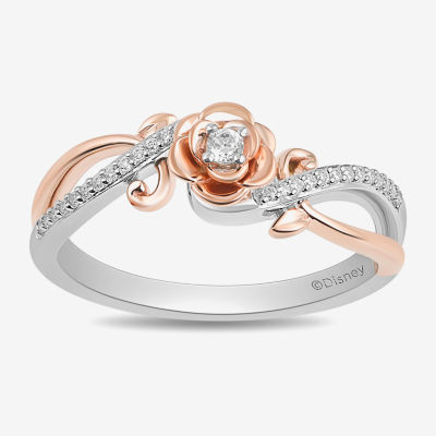 Enchanted Disney Fine Jewelry Womens 1 10 CT. T.W. Mined White Diamond 14K Rose Gold Over Silver Sterling Silver Flower Beauty and the Beast Belle